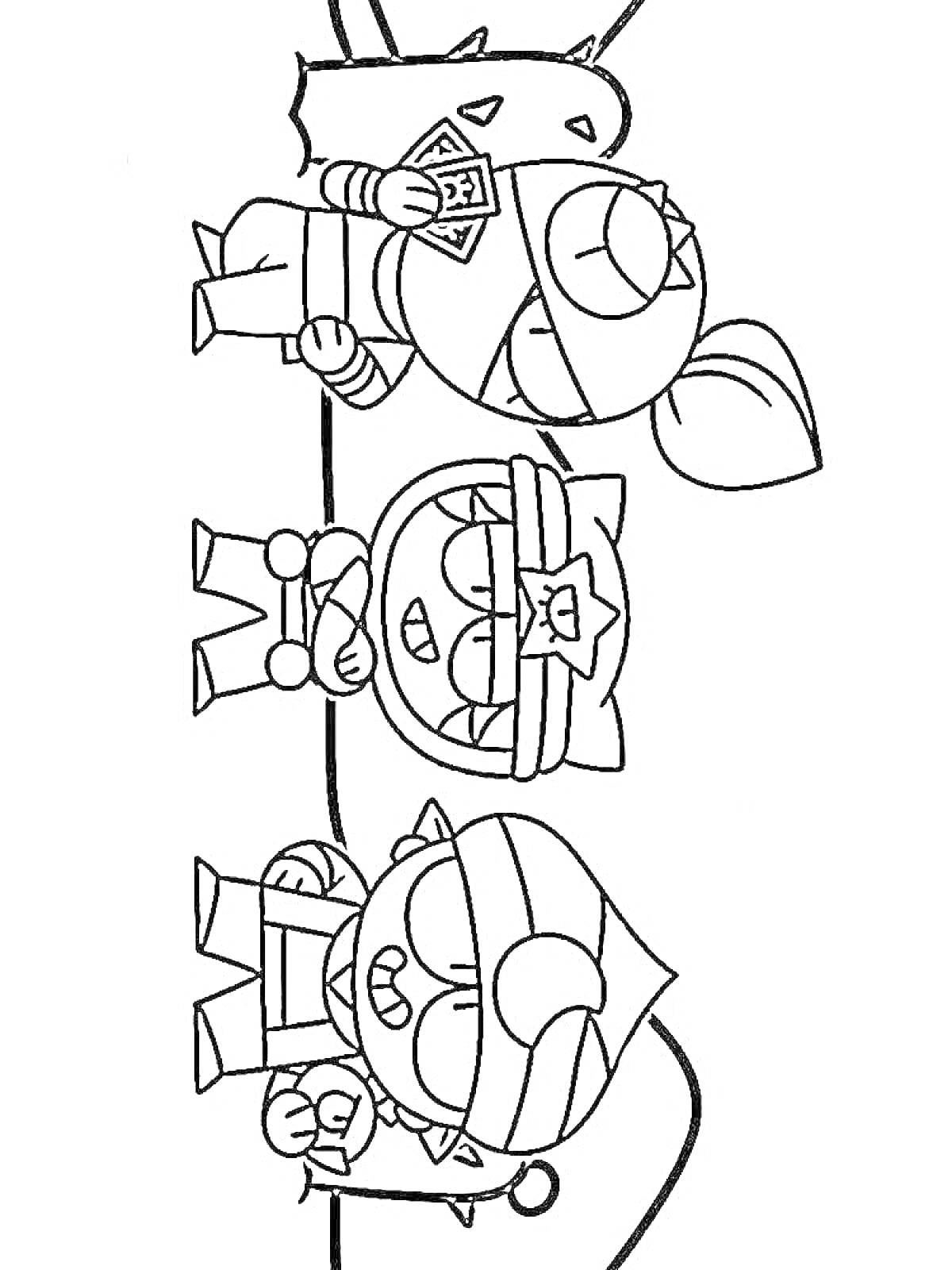 Раскраска Персонажи из игры Brawl Stars - Тара и двое других персонажей с картами и аксессуарами