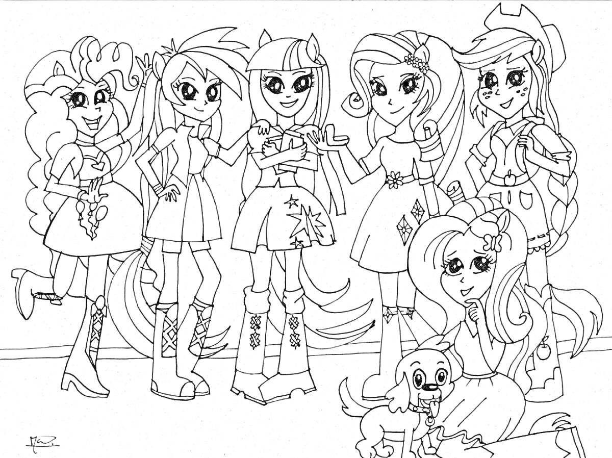 Раскраска Мои Литл Пони девочки: шесть девочек-пони в платьях с разными прическами, одна девочка сидит с собакой