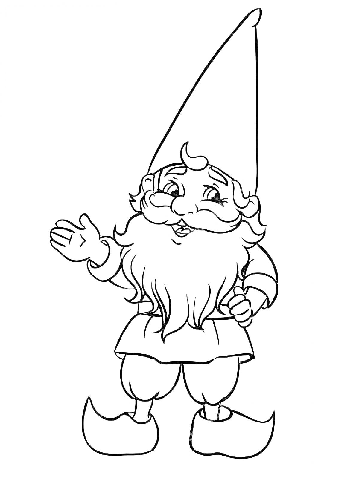 Раскраска Гномик с длинной шляпой, бородой и простым костюмом, жест приветствия