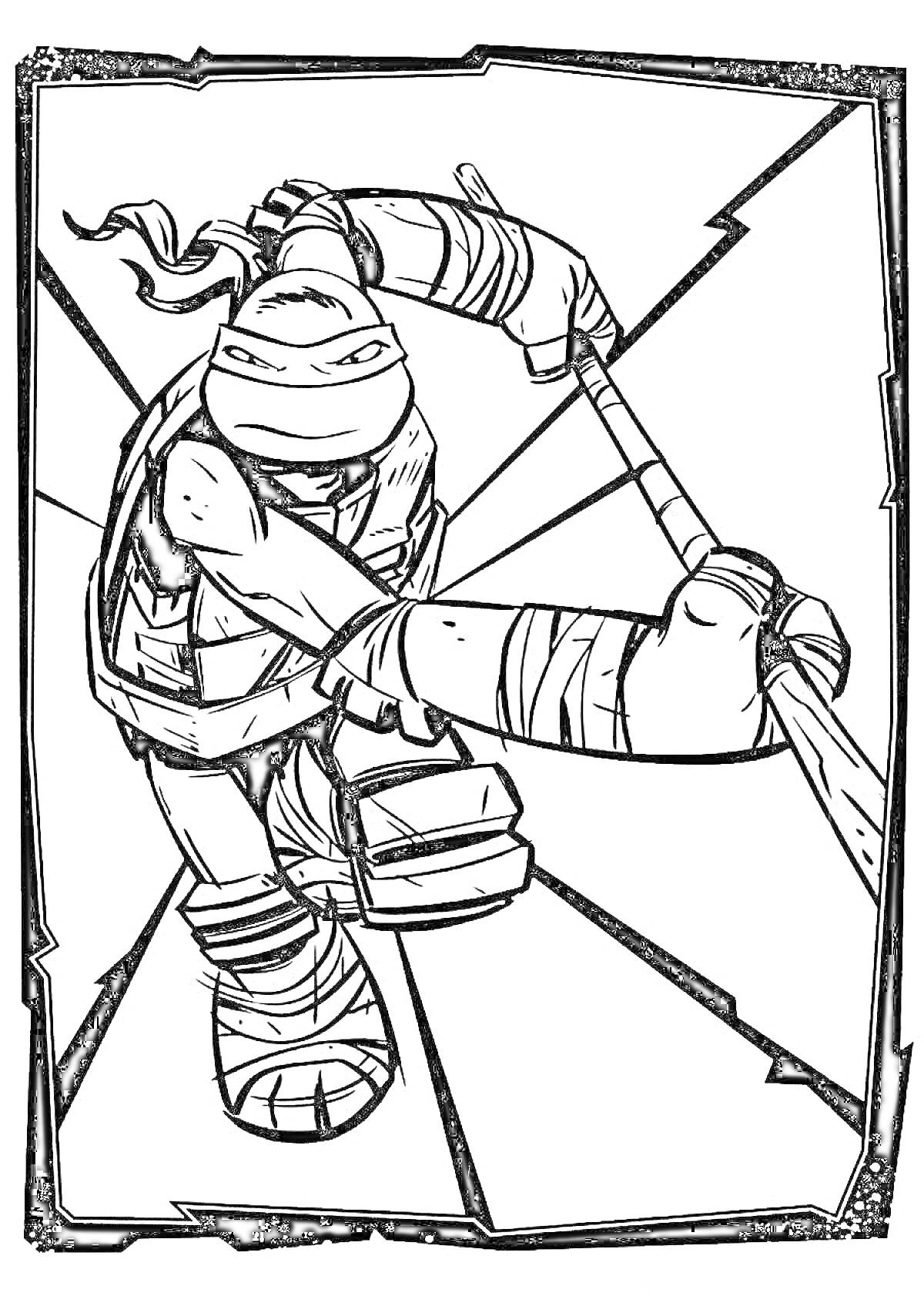 Раскраска Донателло Черепашки Ниндзя с боевым посохом в прыжке