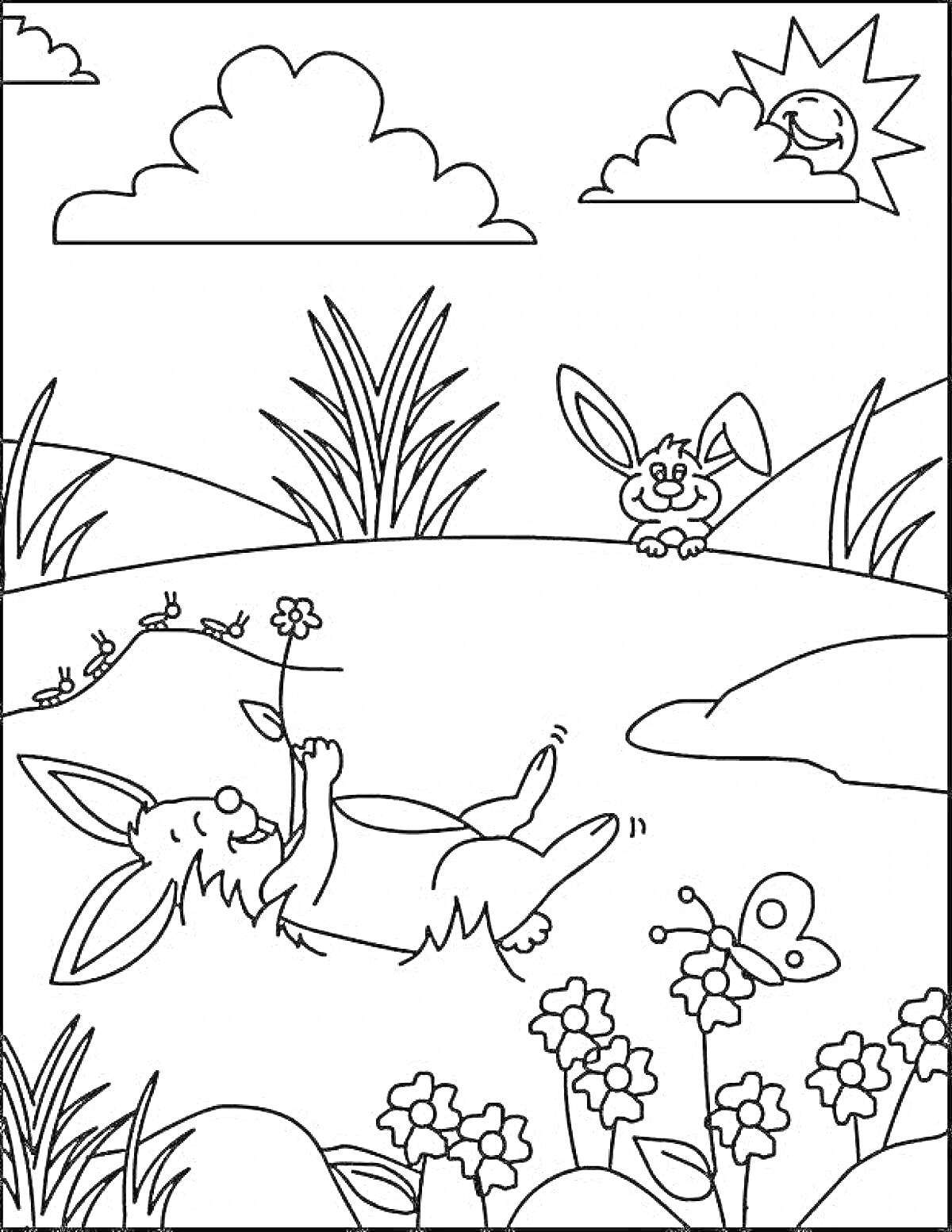 На раскраске изображено: Луг, Зайцы, Цветы, Бабочка, Трава, Облака, Солнце, Природа, Веселье