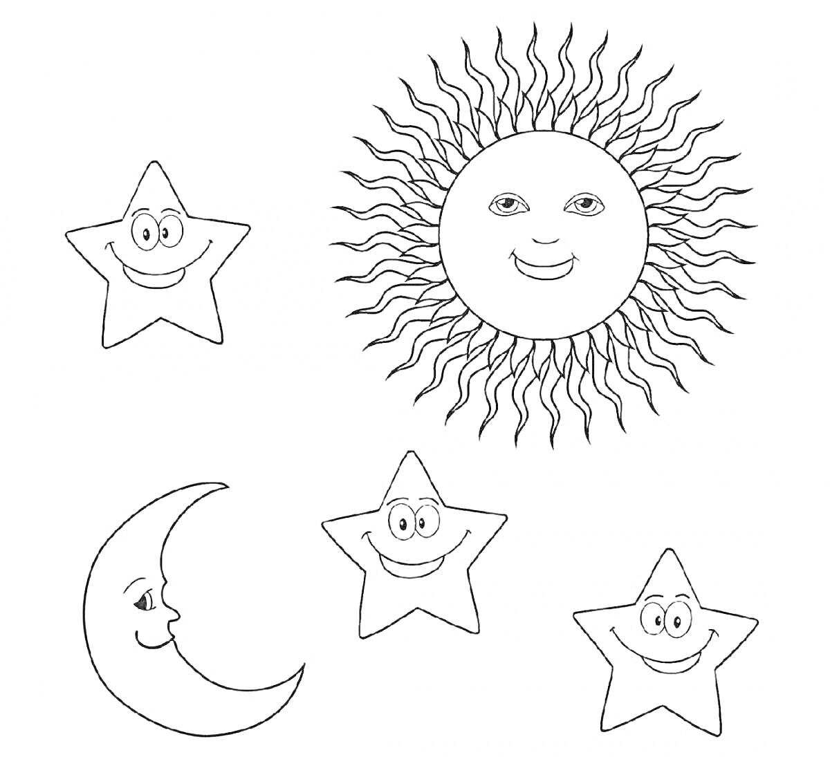 Раскраска Солнце с лучами, месяц, три звезды с лицами