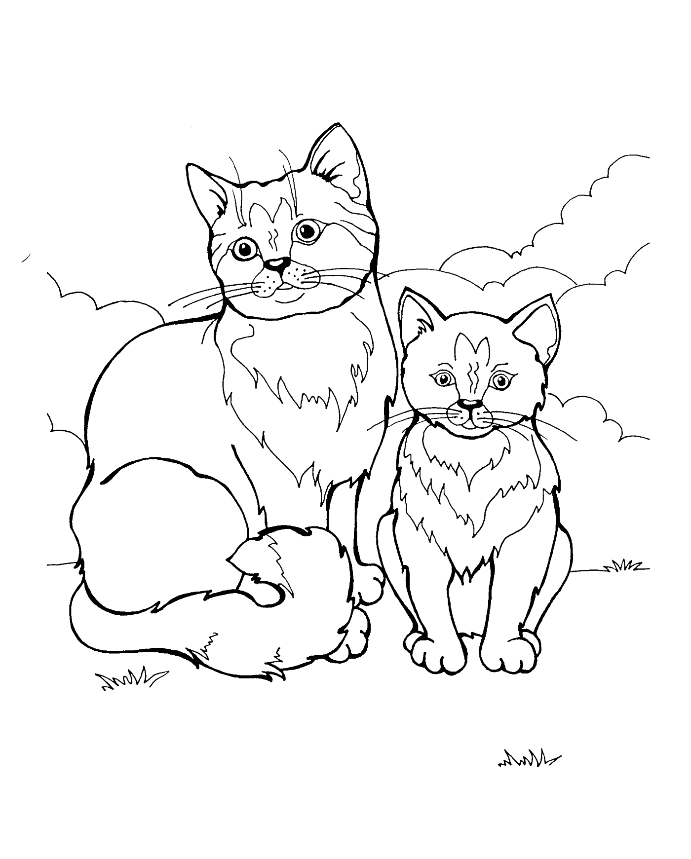 Раскраска Две кошки с котёнком на фоне природы