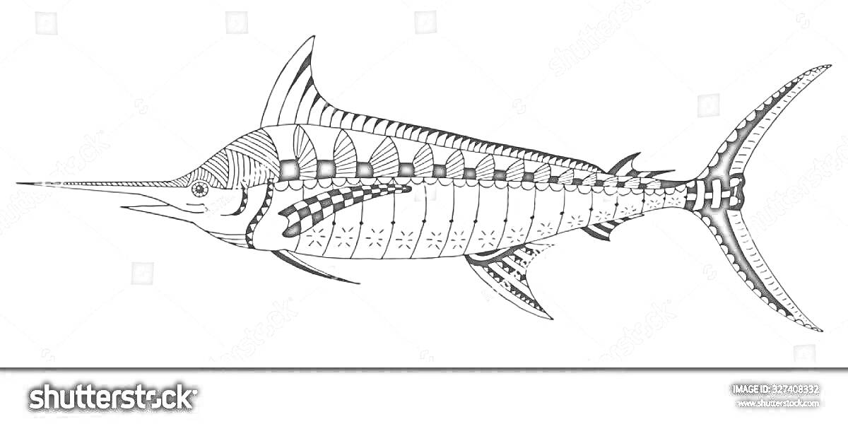 Раскраска Раскраска рыба меч с узорами на теле и плавниках