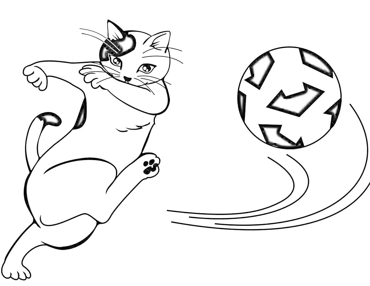 Раскраска Кот играет в футбол, пинает мяч лапой