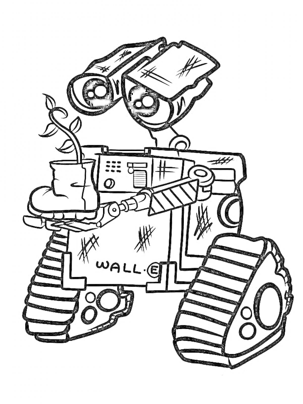 Раскраска ВАЛЛ-И с растением в горшке и большими глазами