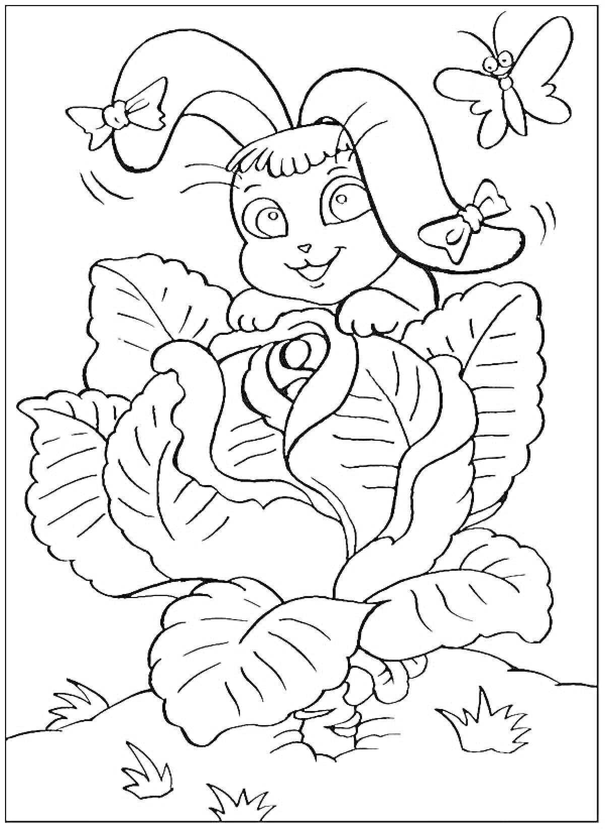 Раскраска Кролик с бантиками в капусте и бабочками