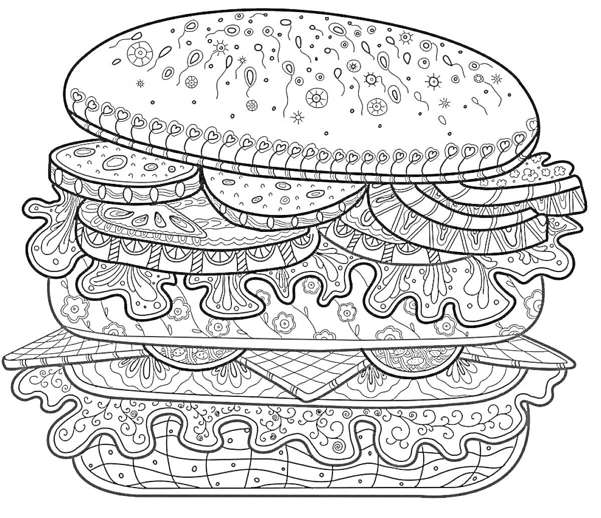 Раскраска Гамбургер с булочкой, салатом, помидорами, огурцами, луком, сыром и котлетой