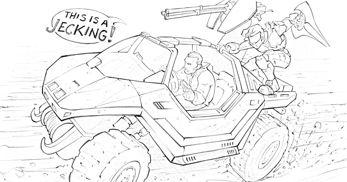 Раскраска Ограбление транспортного средства в гта 5 – персонаж за рулем и персонаж с топором на внедорожнике