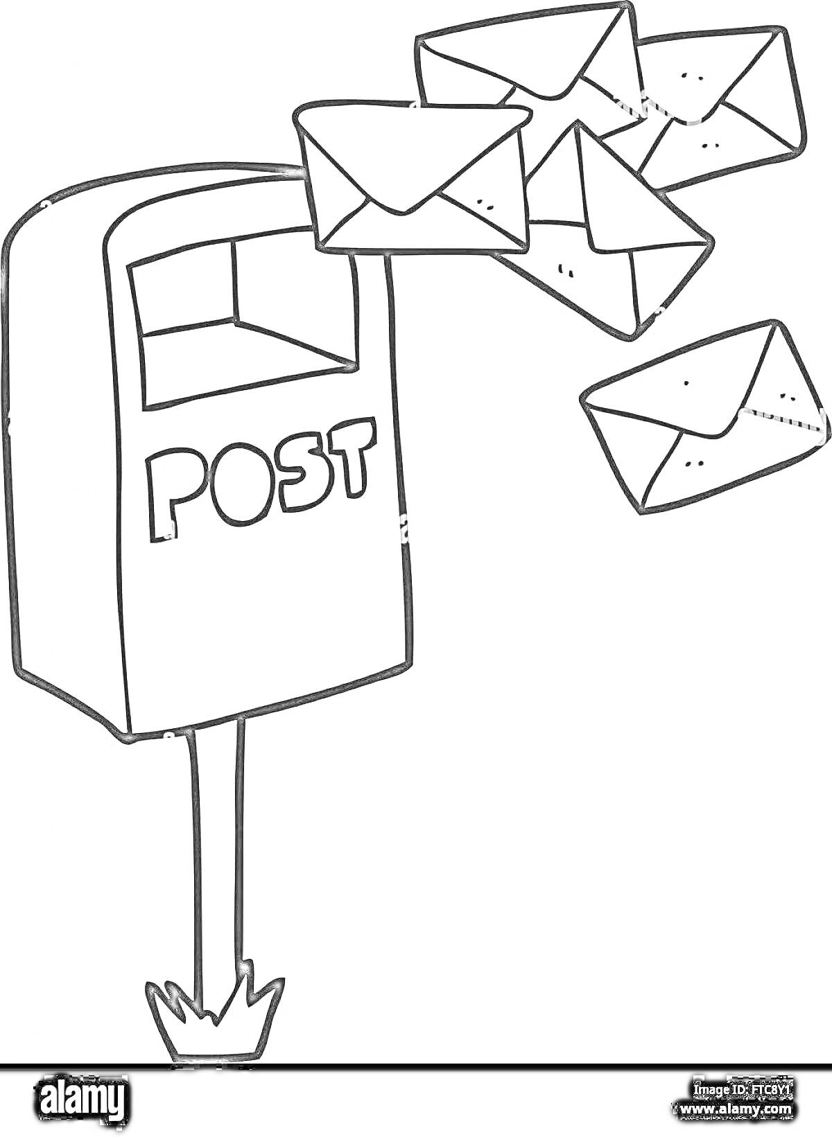 Раскраска Почтовый ящик с вылетающими письмами