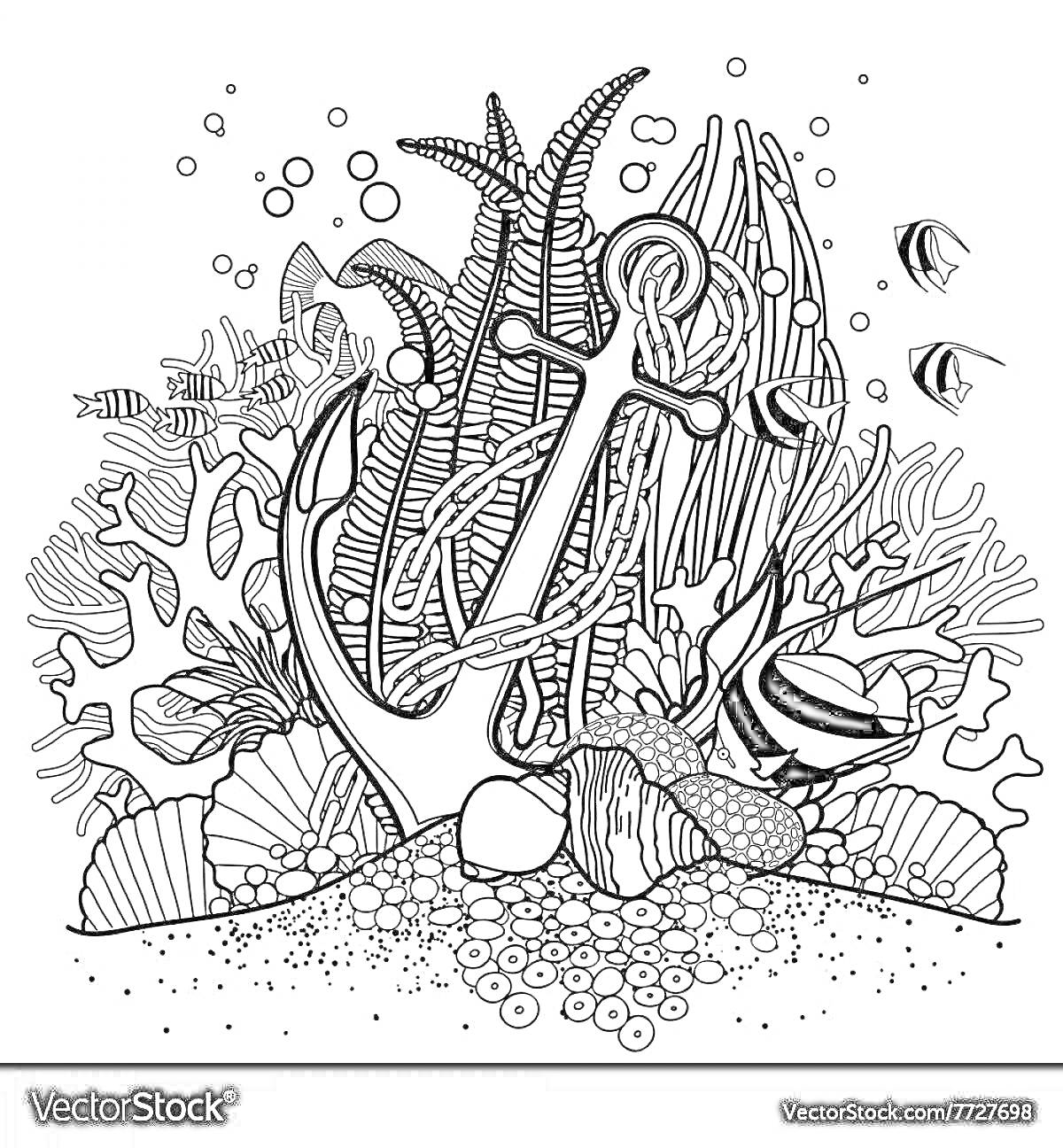 Якорь и морские обитатели на фоне кораллового рифа