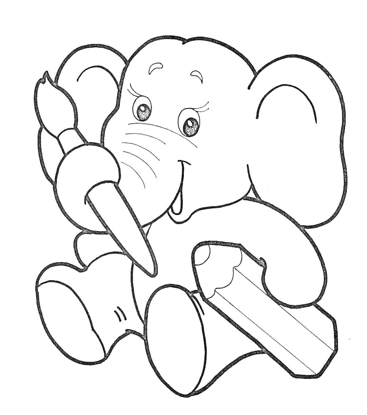 Раскраска Слон художник с кистью и карандашом