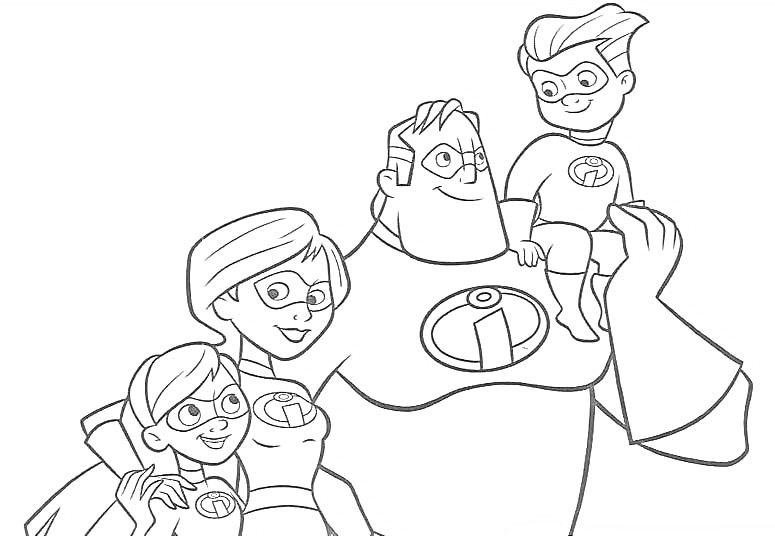 Раскраска Семья супергероев в костюмах с логотипом, мужчина держит мальчика, две женщины стоят рядом