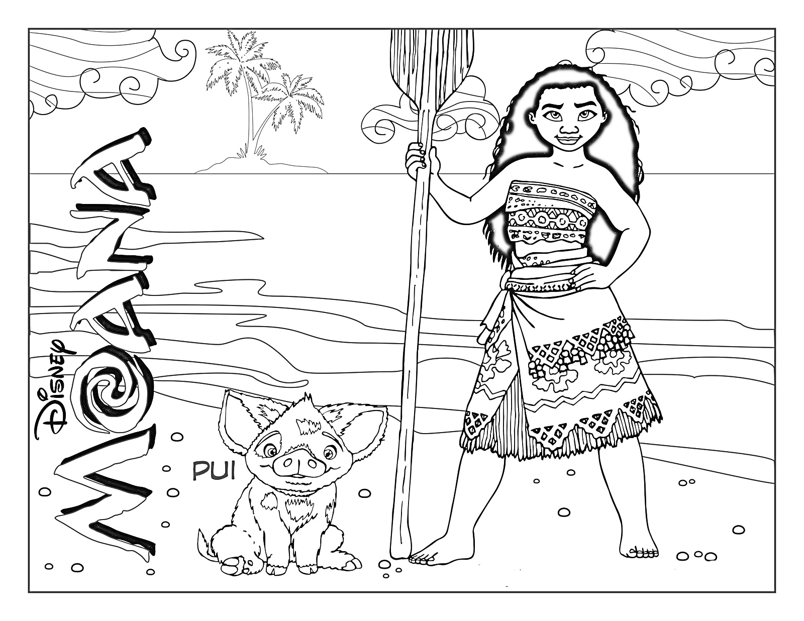 Моана с веслом и Пуа на пляже