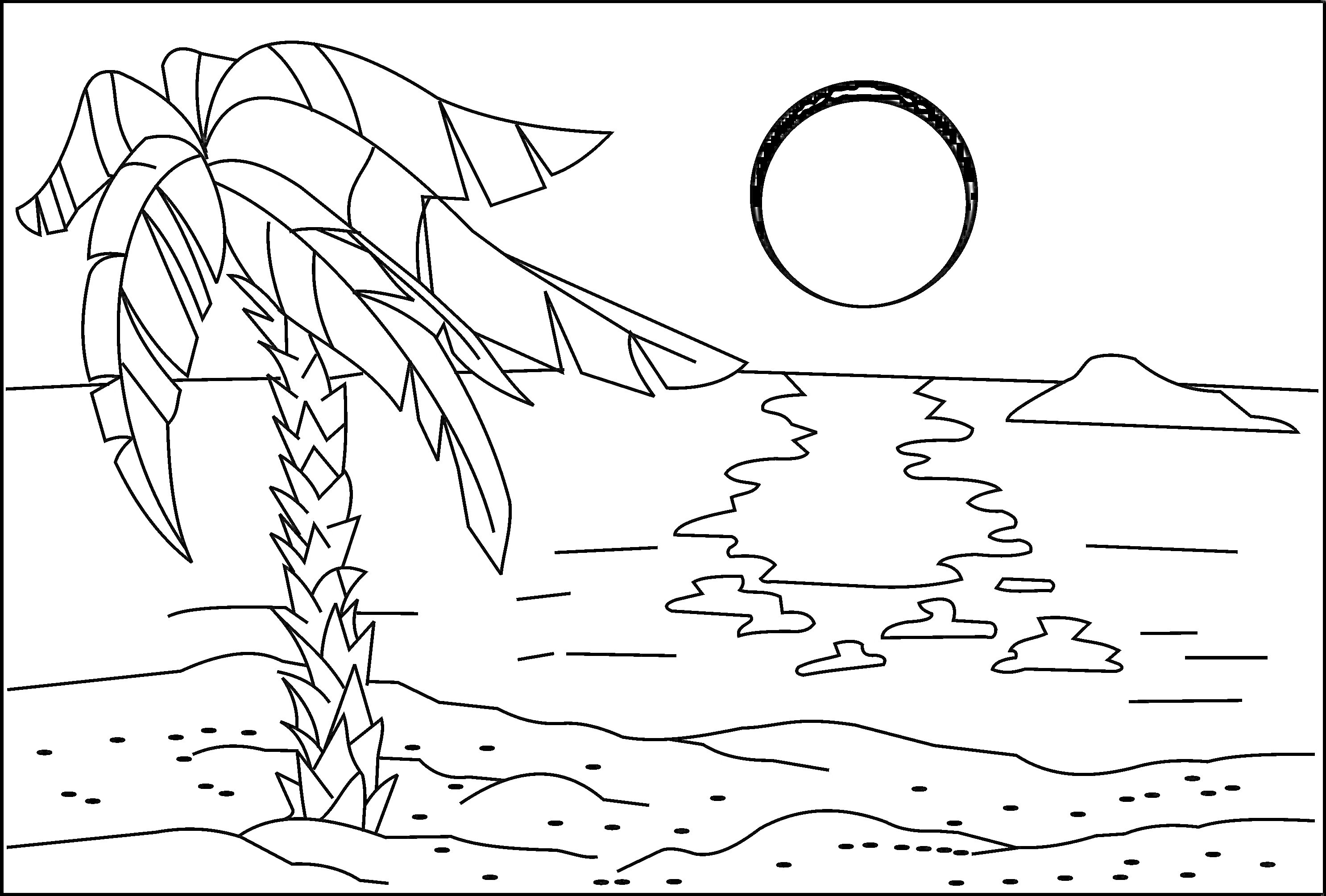 На раскраске изображено: Море, Пляж, Солнце, Остров, Вода, Волны, Природа