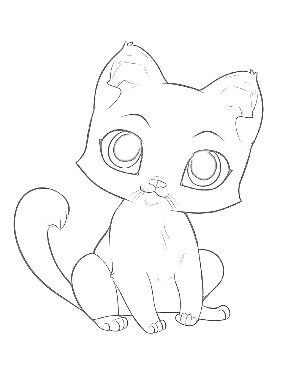 Раскраска Ласковый котик с большими глазами сидит, подняв хвост