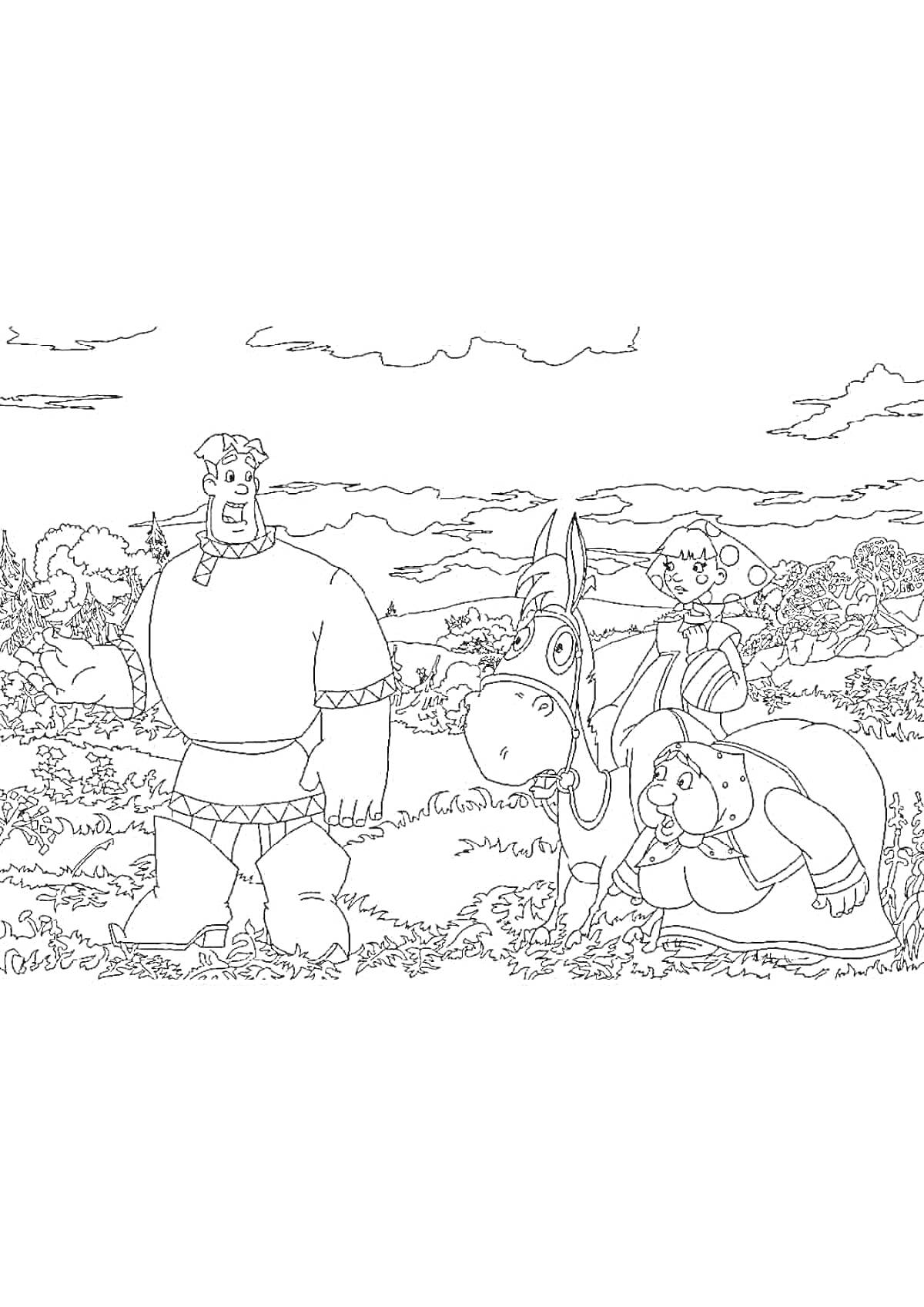 На раскраске изображено: Три богатыря, Конь, Природа, Мужские персонажи, Облака, Ландшафт, Трава, Деревья