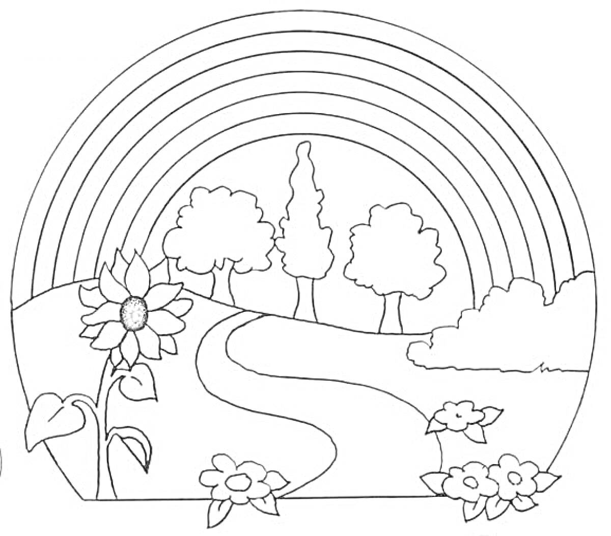 Раскраска Радуга над лугом с деревьями, дорожкой и цветами