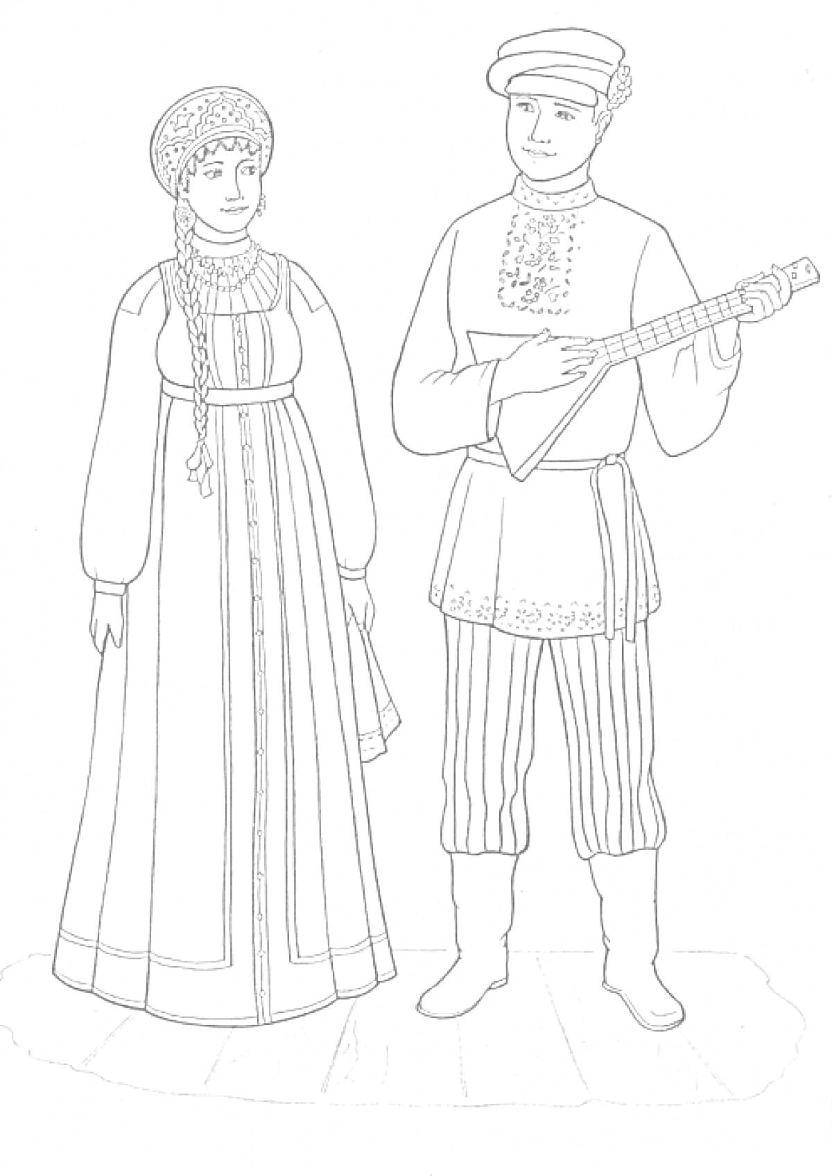 Раскраска Мужчина и женщина в русских народных костюмах с балалайкой