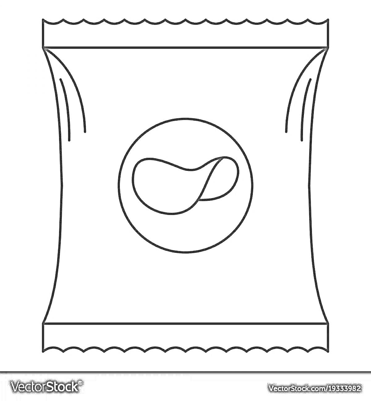 Пакет чипсов с логотипом посередине в виде двух чипсов, с закрученными краями сверху и снизу