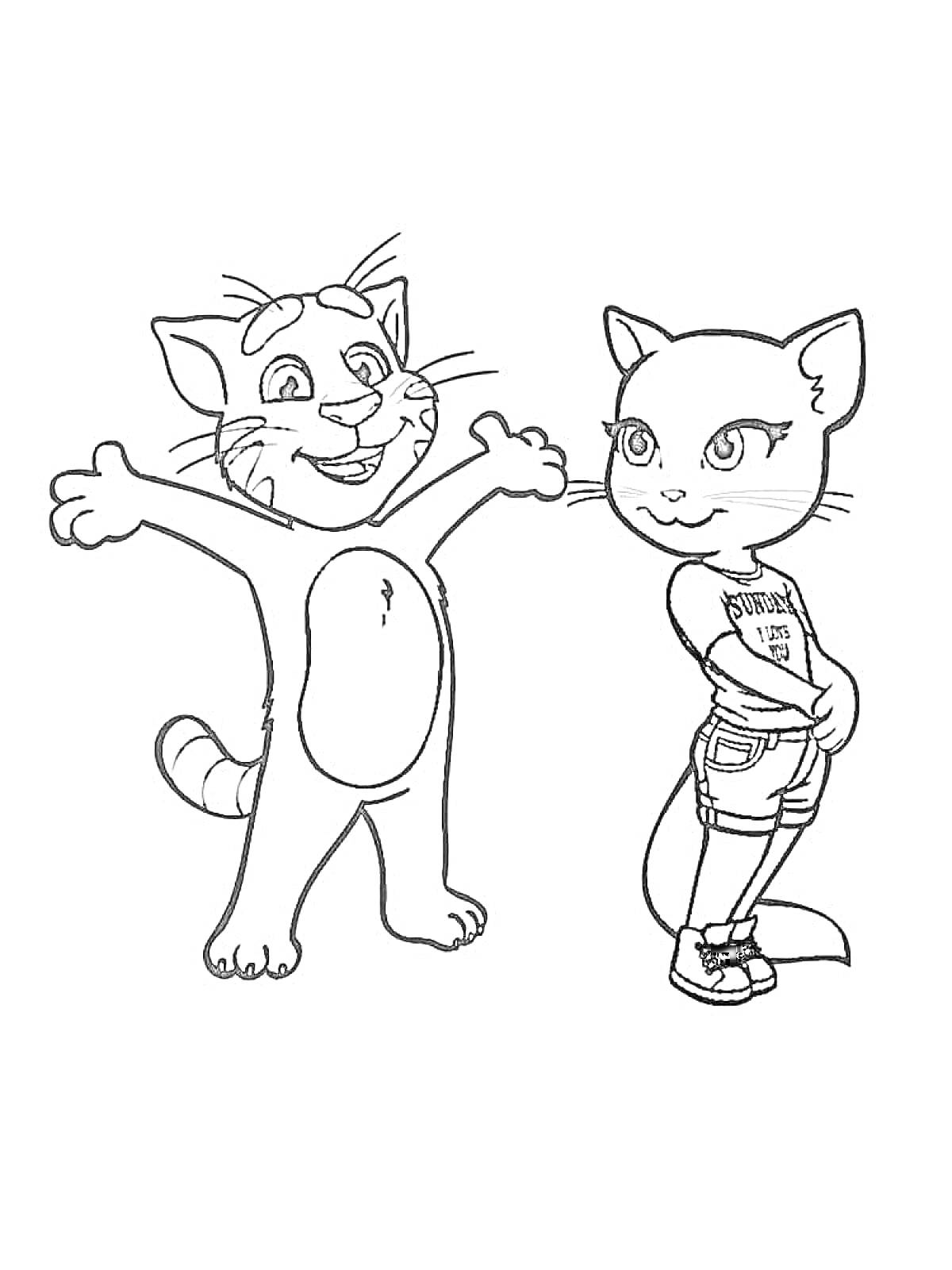 Раскраска Кот и кошка, одна из которых носит футболку и джинсовые шорты, а другая стоит с распростертыми лапами