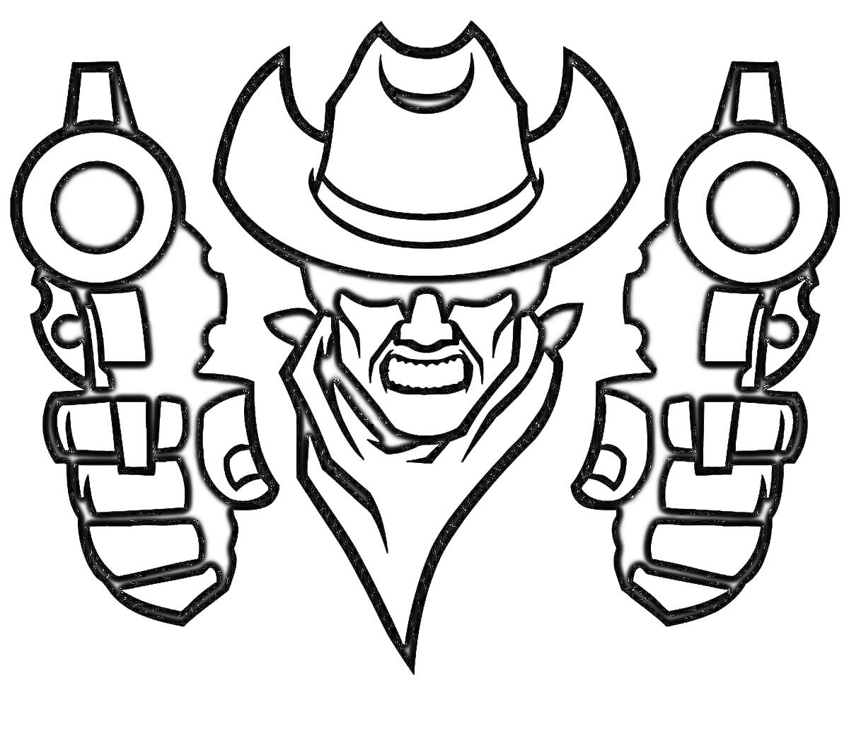 Раскраска Гангстер в шляпе с двумя револьверами
