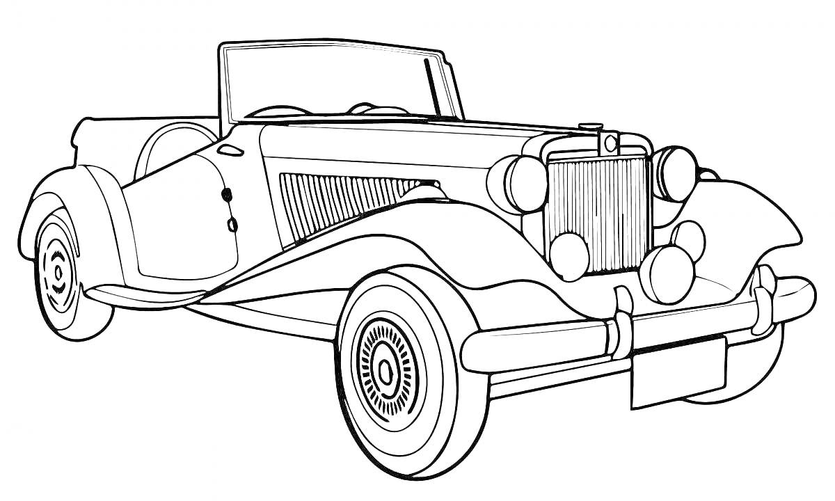 Ретро автомобиль с открытым верхом, деталями переднего бампера и фар