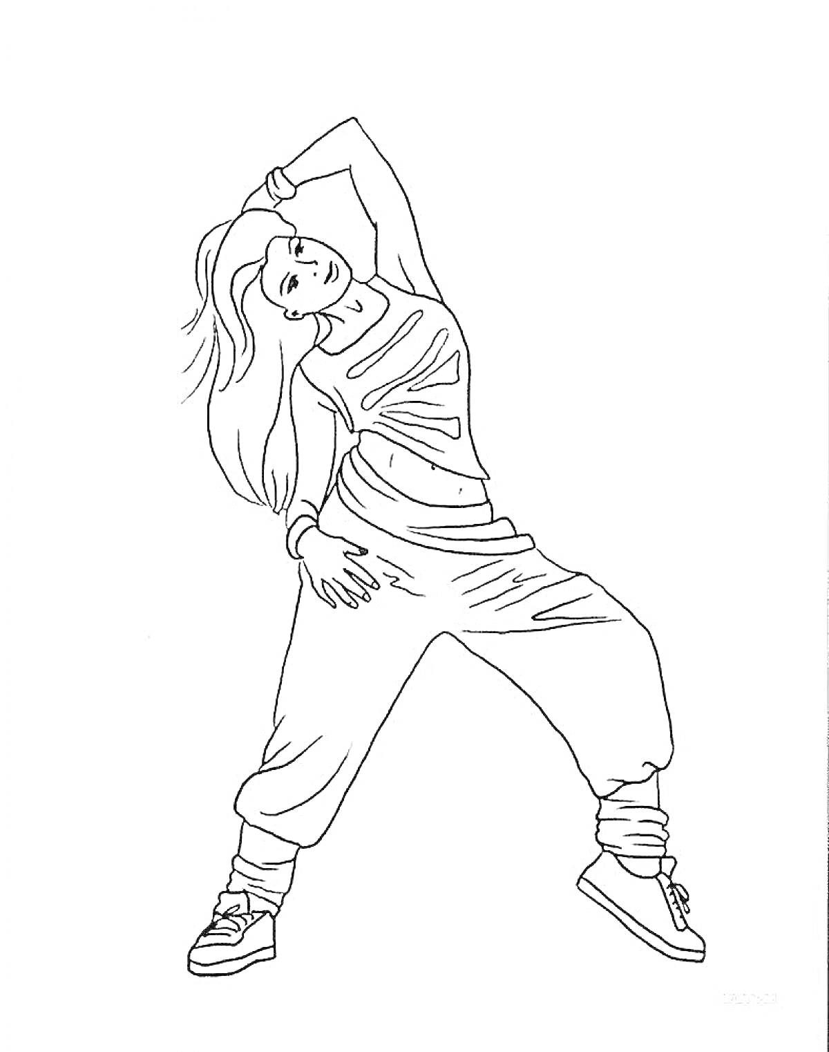 На раскраске изображено: Танцевальная поза, Свободная одежда, Штаны, Кроссовки