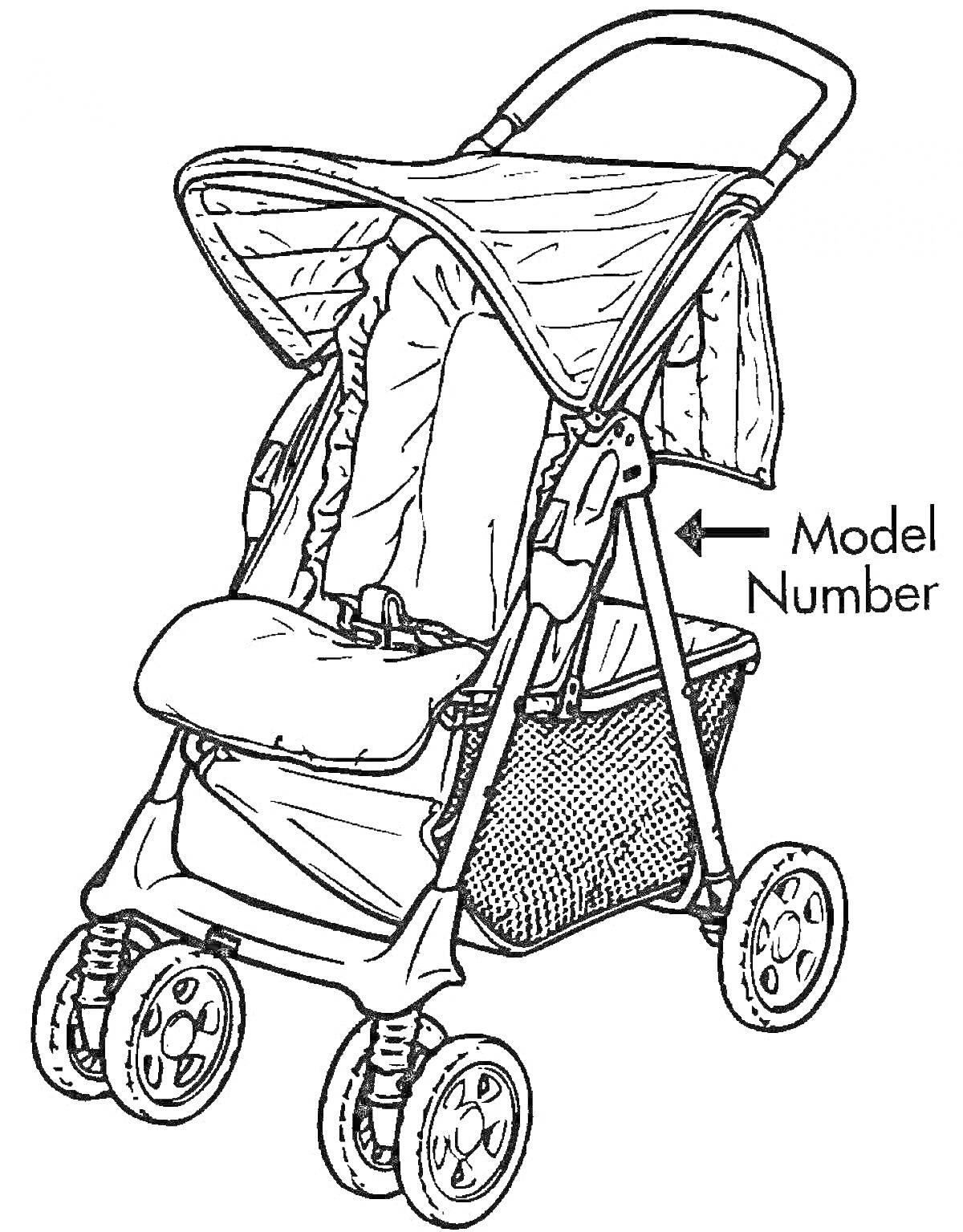 На раскраске изображено: Навес, Корзина, Ручка, Колёса, Модель
