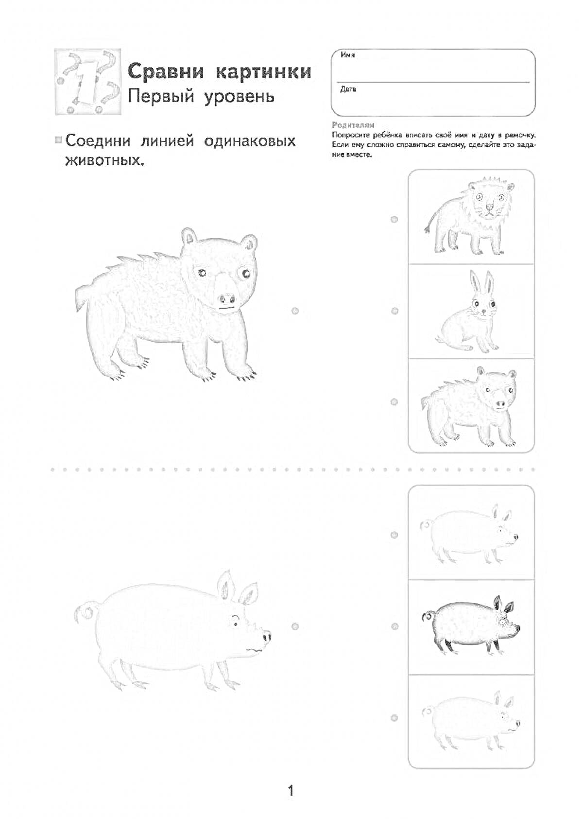 Сравни картинки — Соедини линией одинаковых животных (медведь, заяц, кабан/свинья)