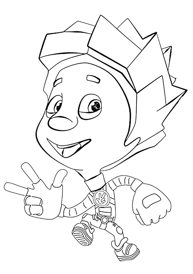 Раскраска Мальчик с прической в виде короны, поднят двумя пальцами в знак мира, в спортивной обуви.
