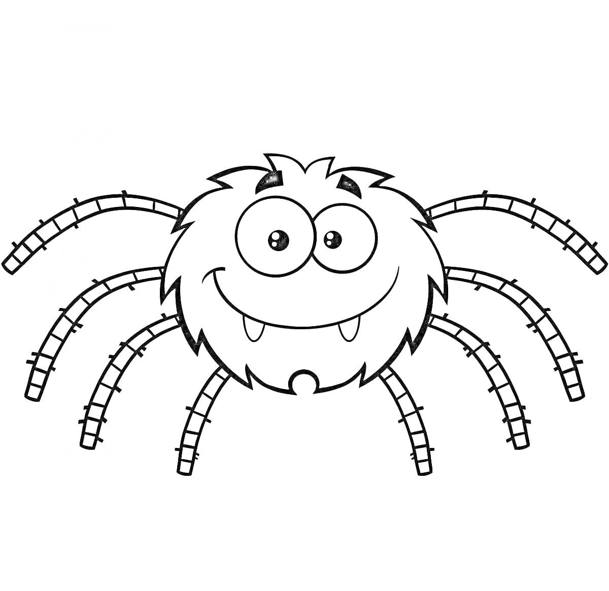 Раскраска Милый улыбающийся паук с большими глазами и острыми зубами