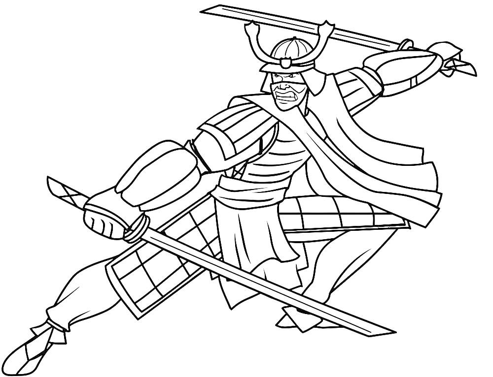 Раскраска Самурай в доспехах с двумя мечами и шлемом, в боевой стойке
