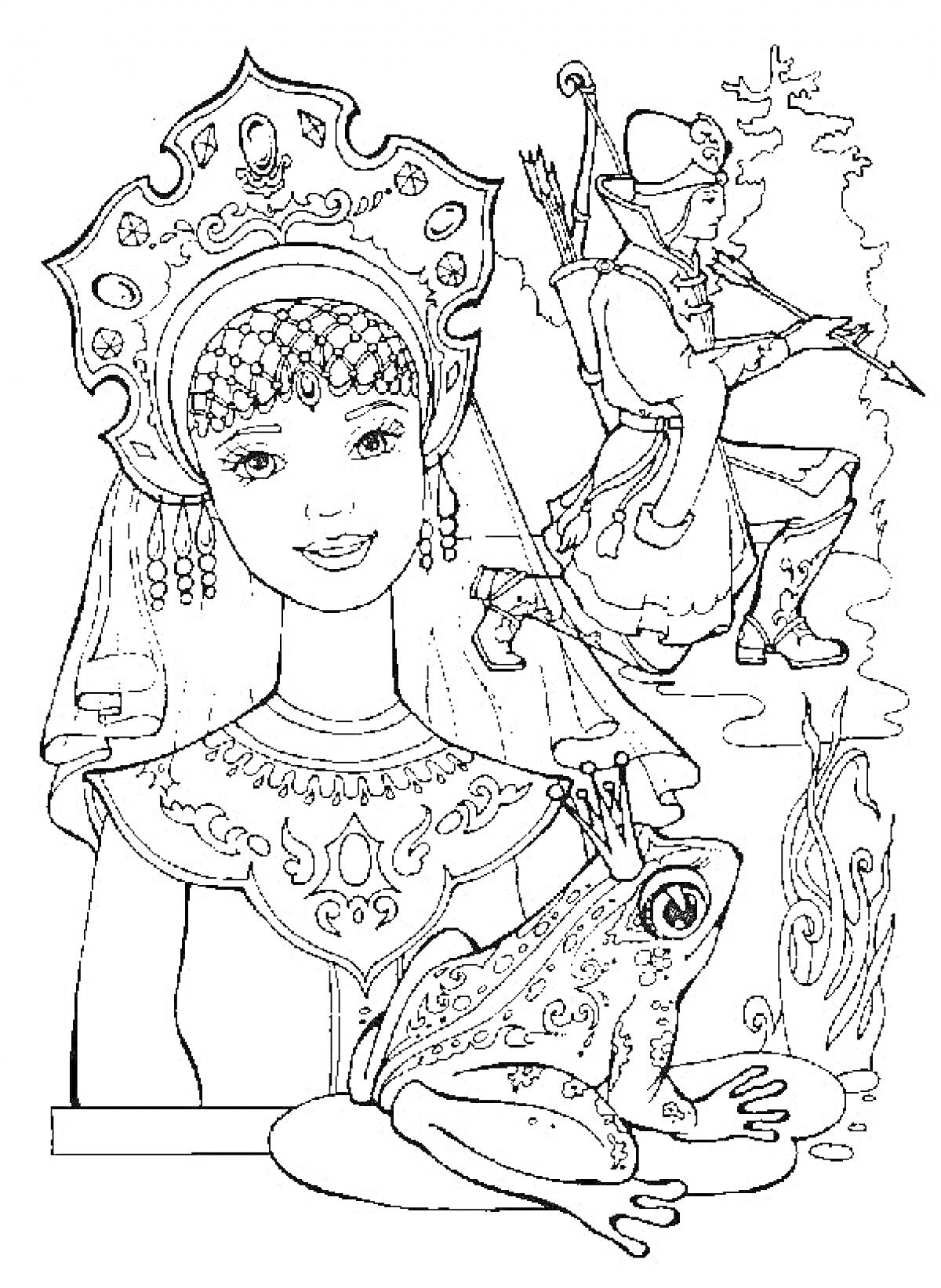 Раскраска Царевна в кокошнике с коронованной лягушкой на руке и стрельцом на заднем плане
