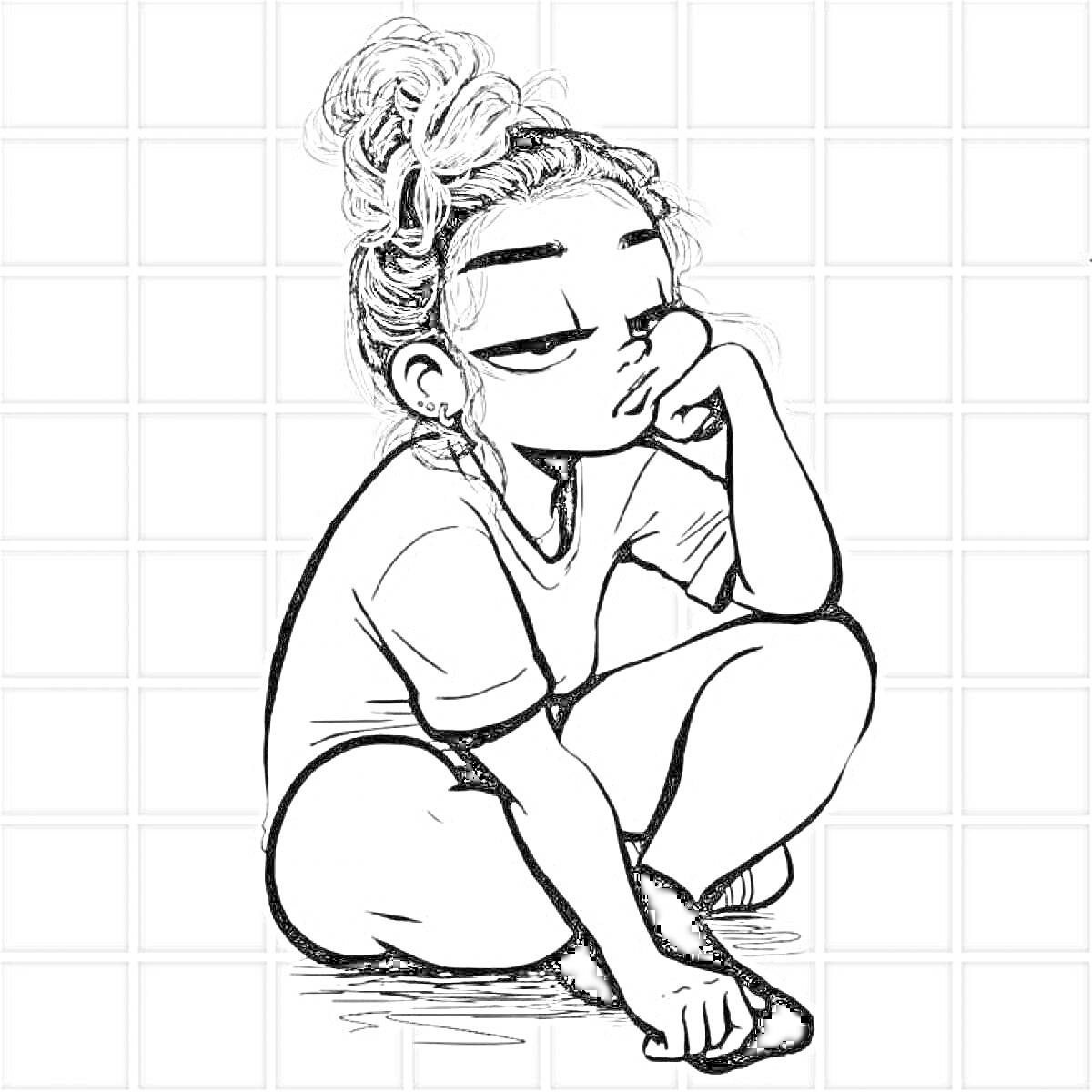 Раскраска Девушка с пучком, сидящая на корточках с задумчивым выражением лица на фоне плитки