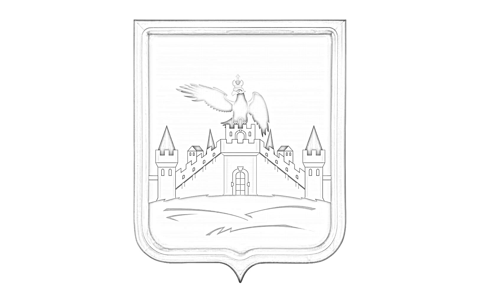 На раскраске изображено: Город Орел, Замок, Орел, Корона, Башни, Ворота, Небо