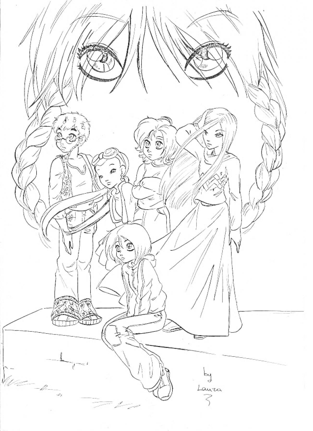 На раскраске изображено: Дружба, Магия, Крупные глаза, Коса, Аниме, Девочка