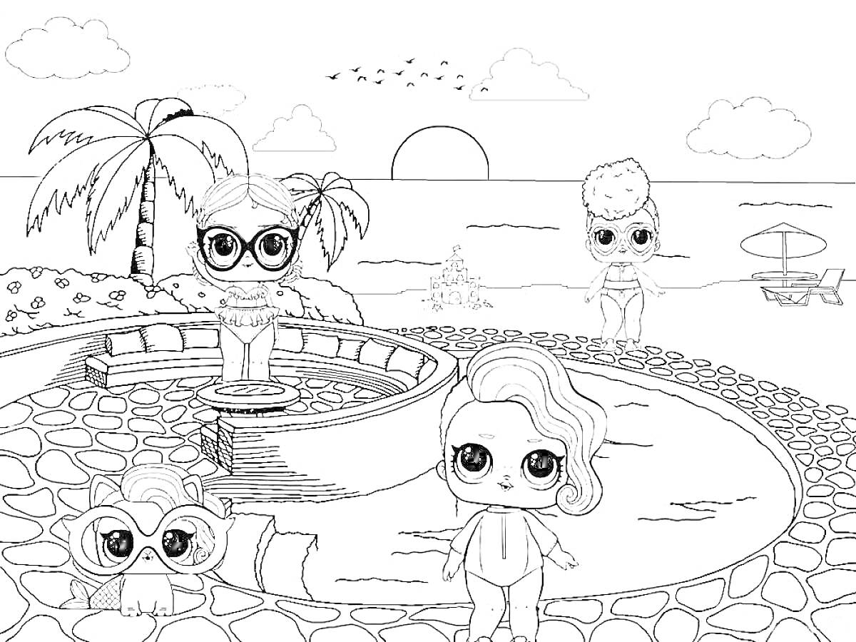 Раскраска Кукла Лол Конфетти Поп на пляже с бассейном и пальмами
