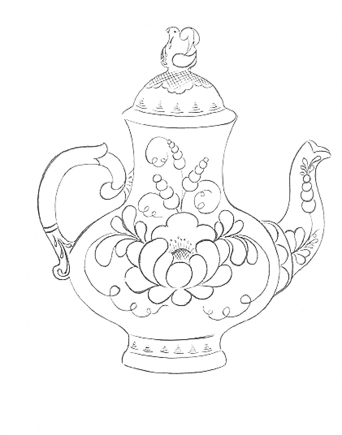 Заставка с гжельским чайником с птицей на крышке, украшенным цветочным орнаментом