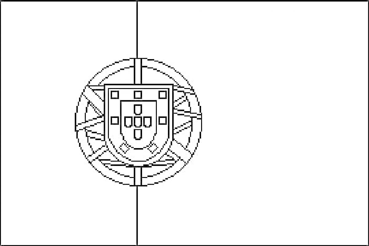 Черно-белая раскраска для детей с изображением флага Португалии, включающая герб с щитом и сферами.