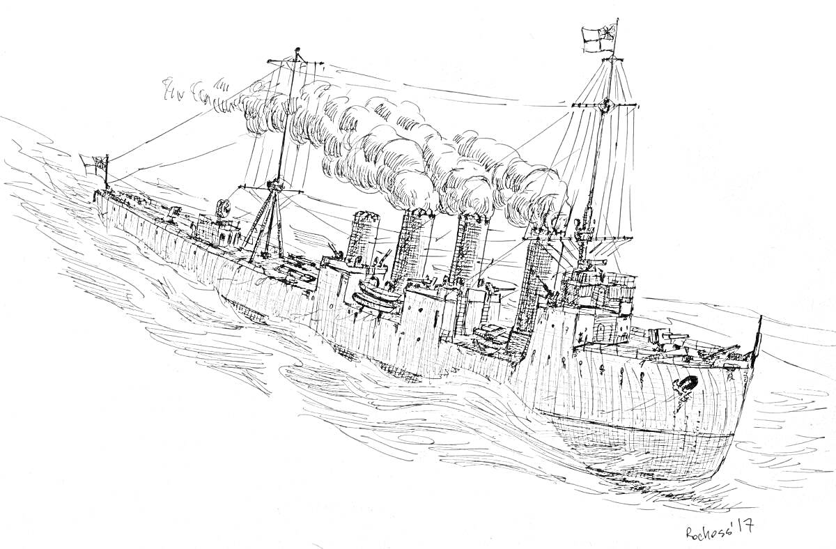 На раскраске изображено: Крейсер, Аврора, Корабль, Волны, Флаг, Дым, Море, История