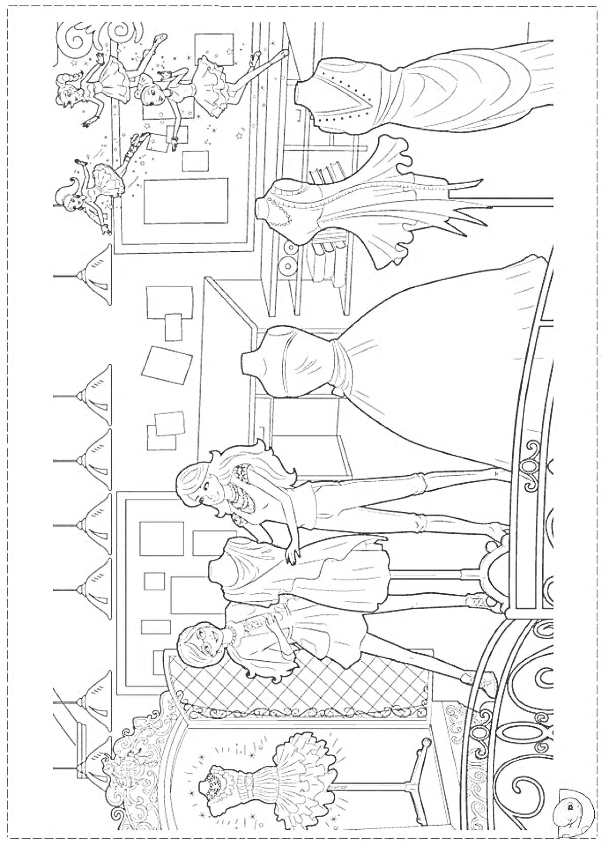 Раскраска Домик Барби - девушки примеряют и рассматривают платья в магазине мод