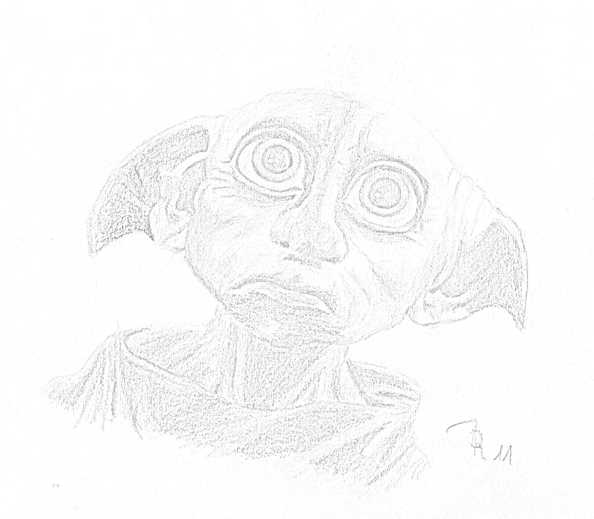 На раскраске изображено: Добби, Большие глаза, Острые уши, Фан-арт, Гарри Поттер, Уши