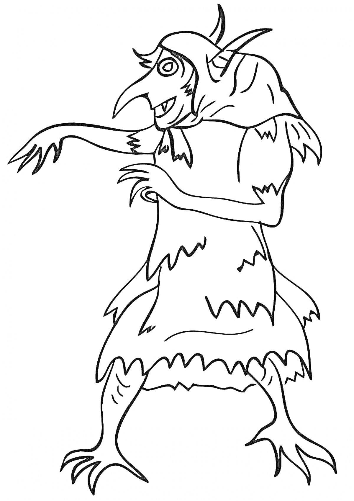 Раскраска Кикимора с длинным носом, когтистыми лапами и рваными одеждами