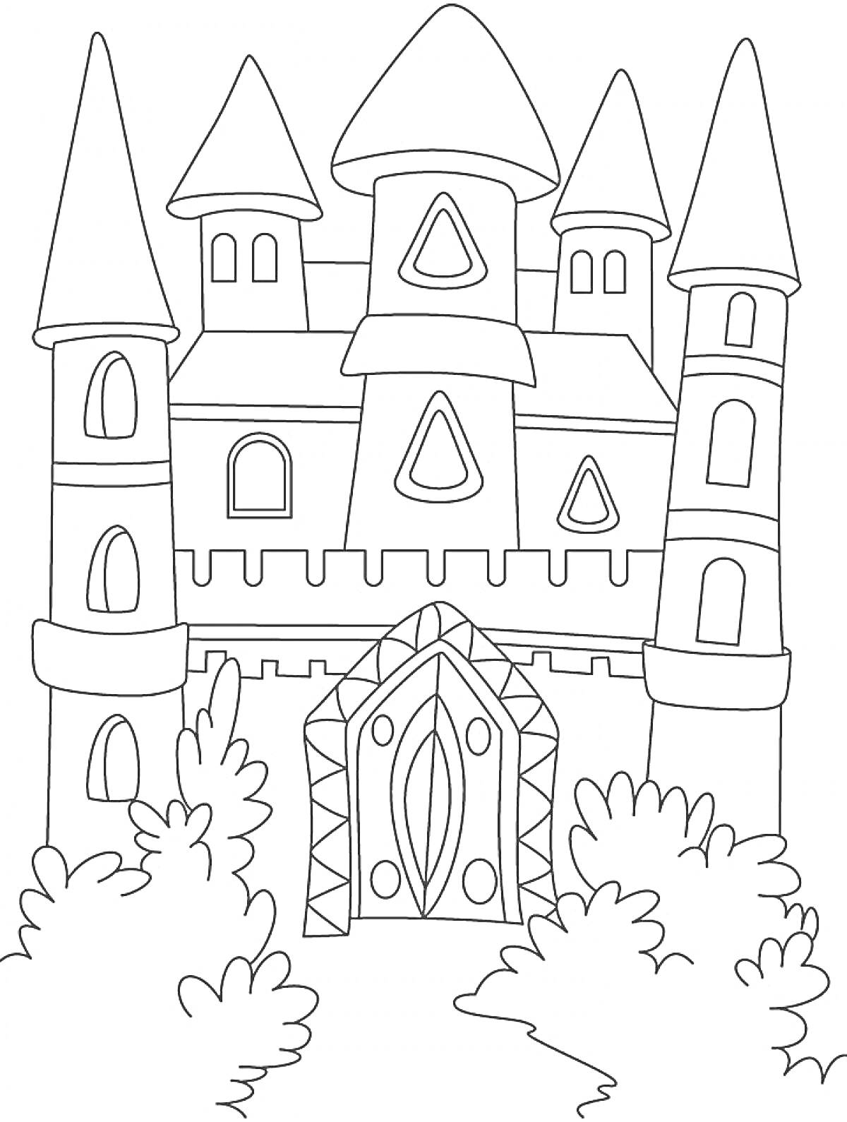 Раскраска Замок с башнями, воротами, окнами и кустами