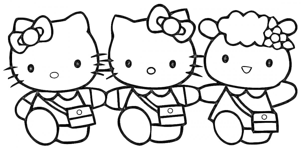 Раскраска Три персонажа Hello Kitty с сумочками и бантиками, один персонаж с цветочной короной