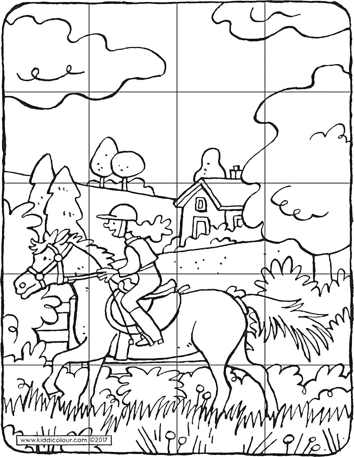 На раскраске изображено: Пазл, Лошадь, Всадник, Ферма, Дом, Деревья, Облака, Природа, Для детей