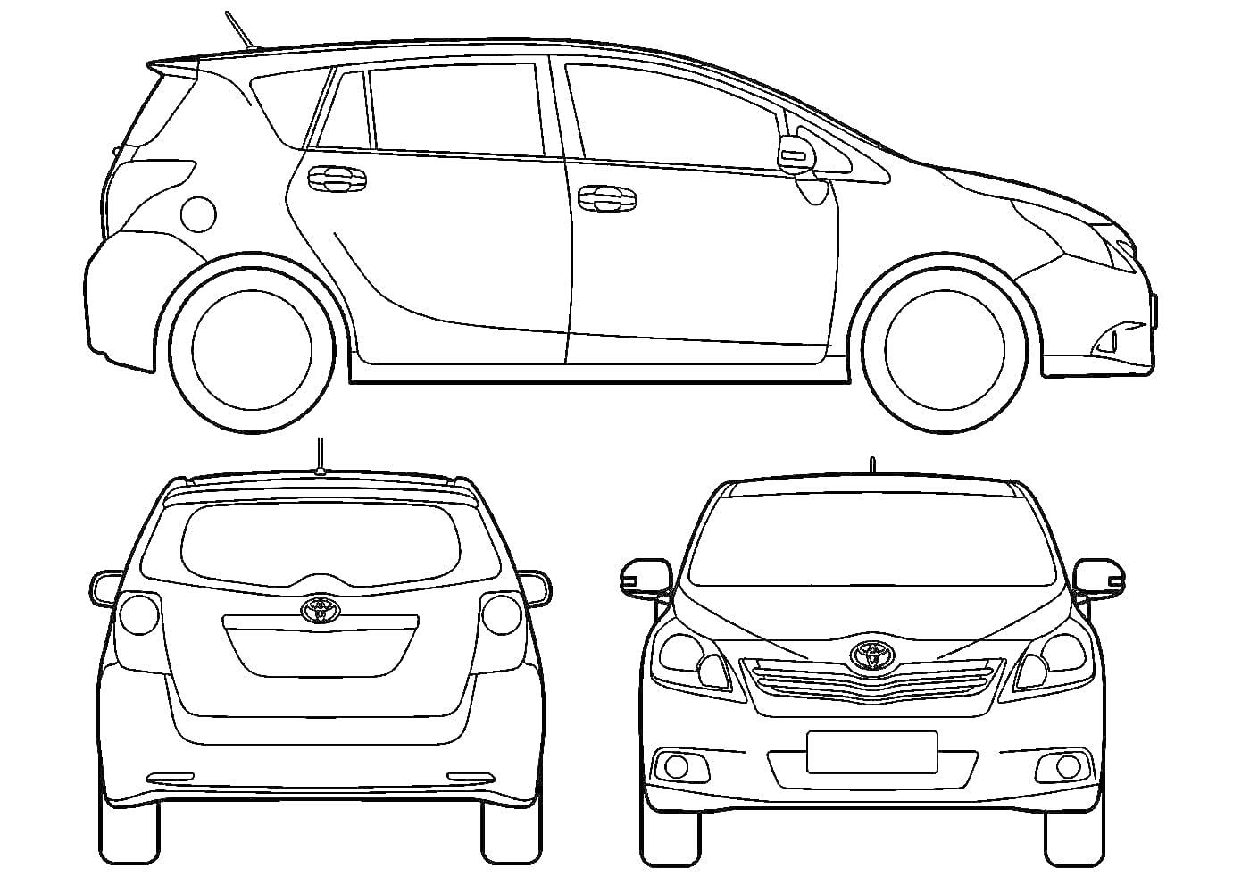 Раскраска Вид сбоку, сзади и спереди автомобиля Toyota Prius