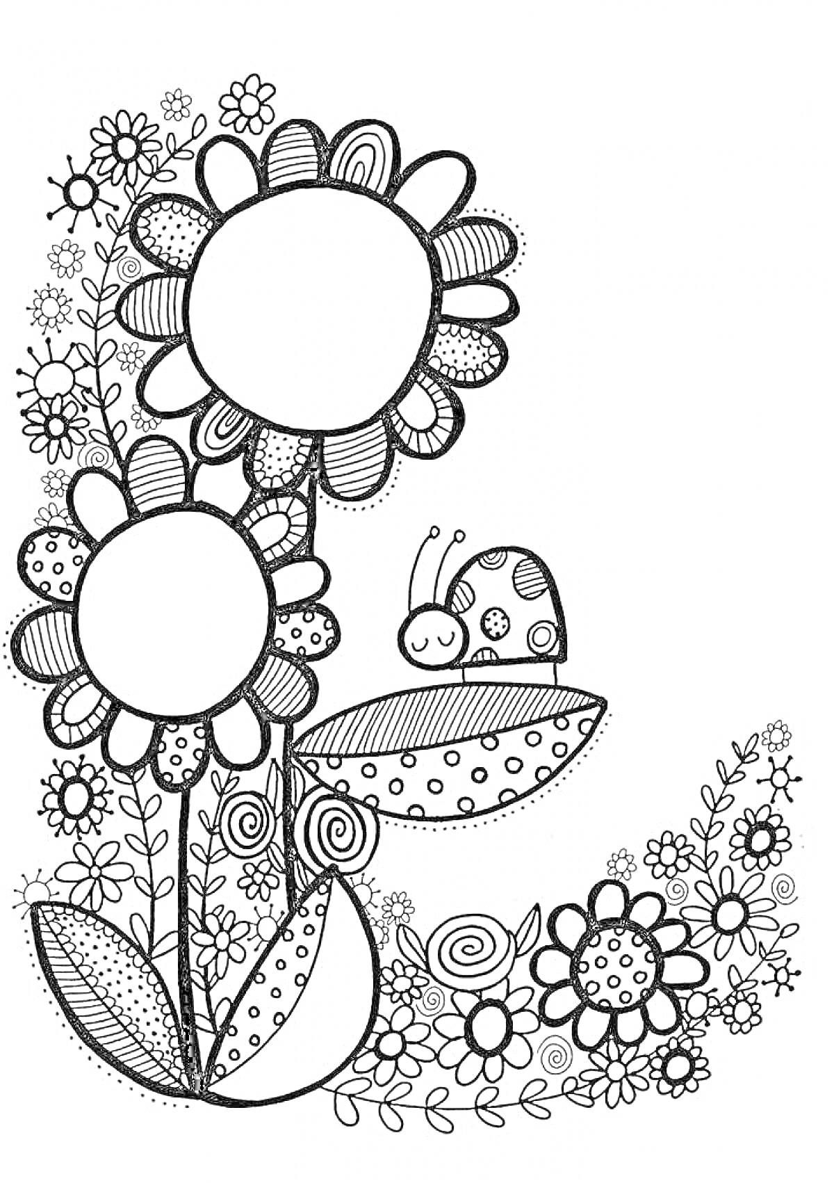 На раскраске изображено: Дудлинг, Цветы, Природа, Листья, Узоры, Божьи коровки