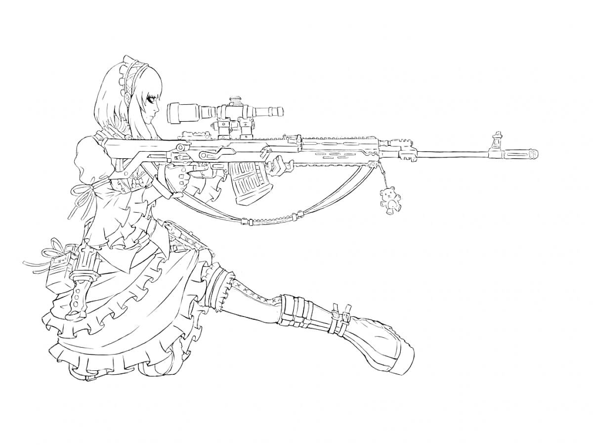 Девушка-снайпер в костюме горничной с винтовкой